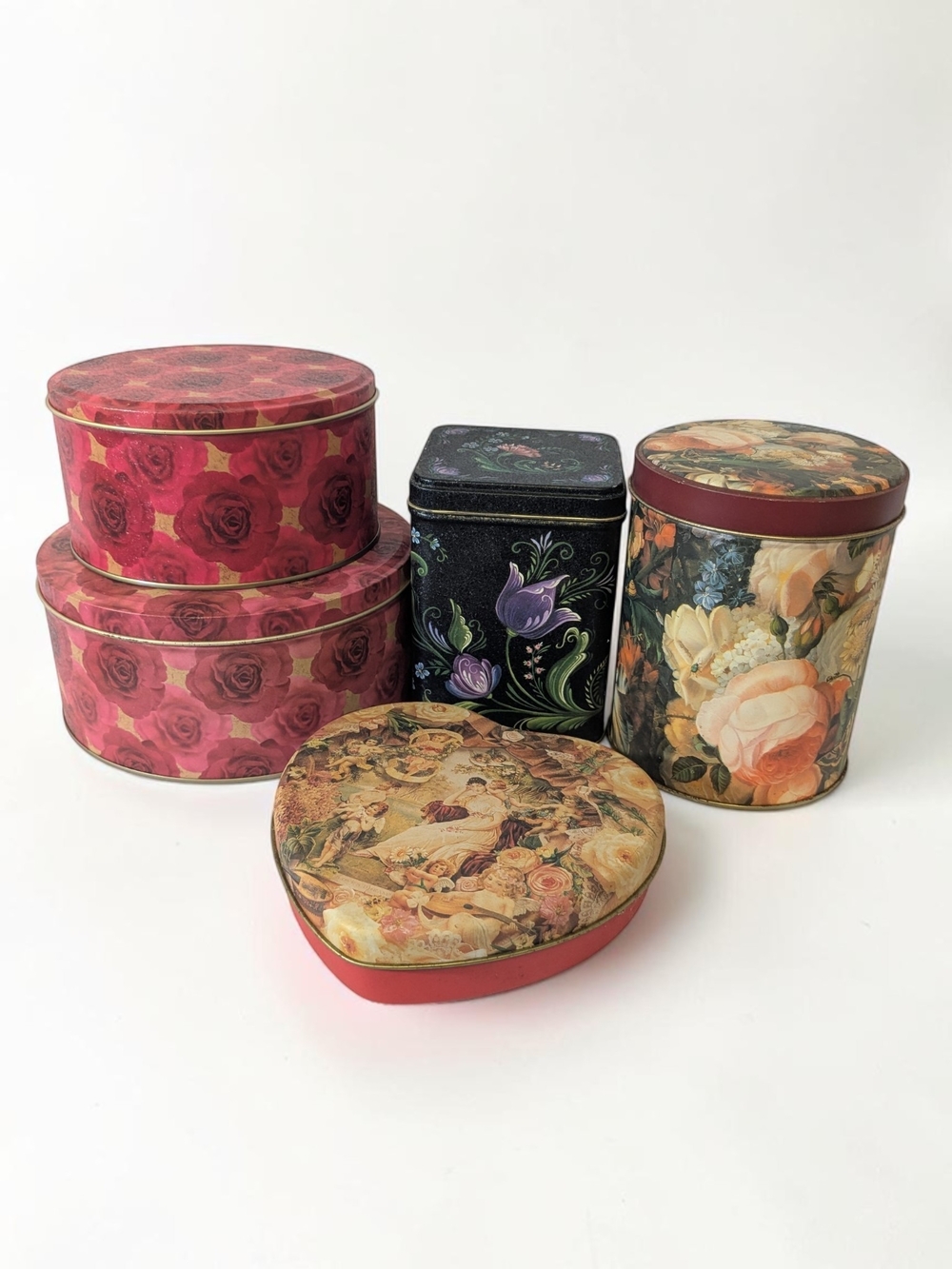 Vintage Floral Decor Tin Lot Mixed Lot Set of 5 Cottagecore Farmhouse Boho